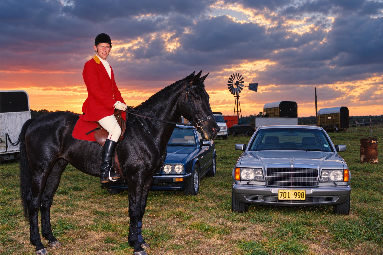 Peter Pickering on horseback beneath a dramatic evening sky